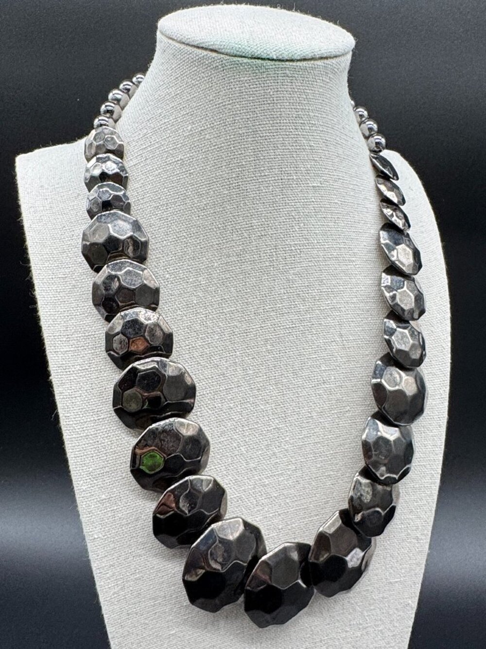 Necklace Large Flat Penny Beads Faceted Dark Grey Tone 18 inches